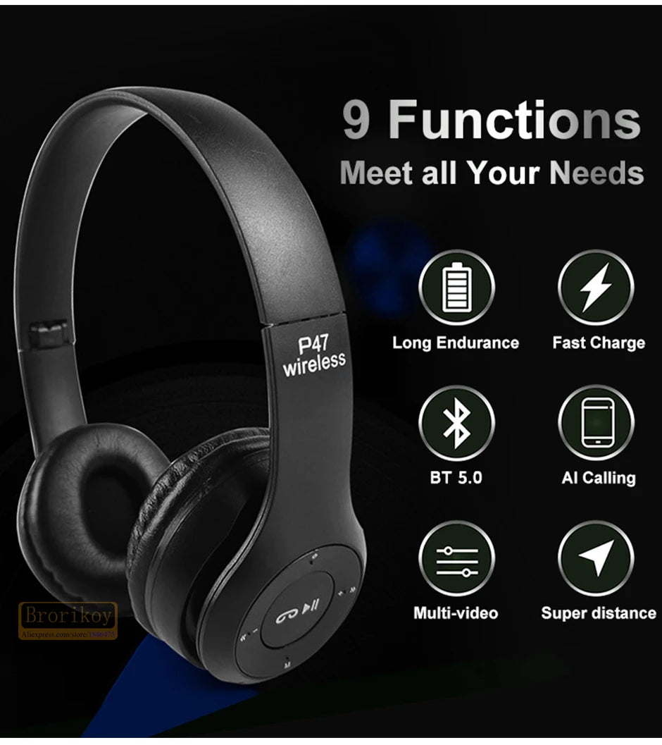 Handsfree Wireless Headphones Noise Canceling Headphone memory Card Earphone P47 headset Bluetooth Head Phone for iPhone Huawei