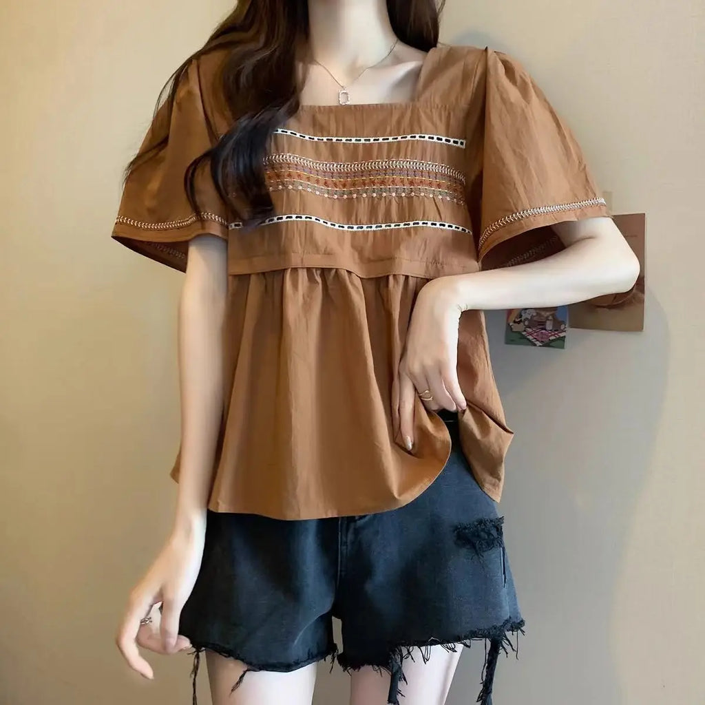Women's Clothing Folk Embroidery Shirt Casual Loose Stylish Folds Hollow Out Summer Short Sleeve Elegant Square Collar Blouse