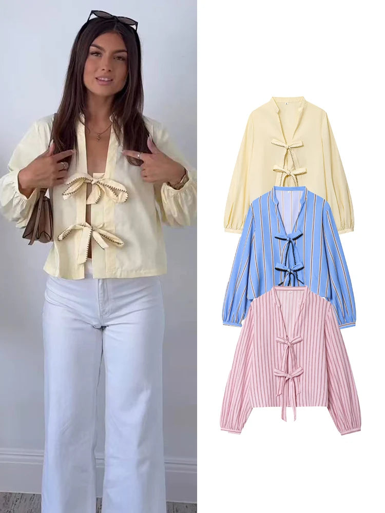 Women Striped Printed Lace-Up Shirt With Bow New Puff Long Sleeves V-Neck Hollow Out Blouses Sweet Ladies Fashion Tops