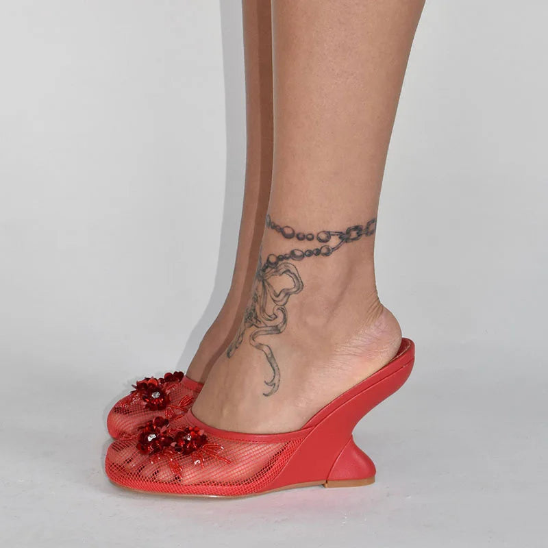 Woman Sandals 2025 Summer Fashion Sexy Hollow Out Strange Style Female Shoes Crystal Flower Decoration High Heel Ladies Slippers