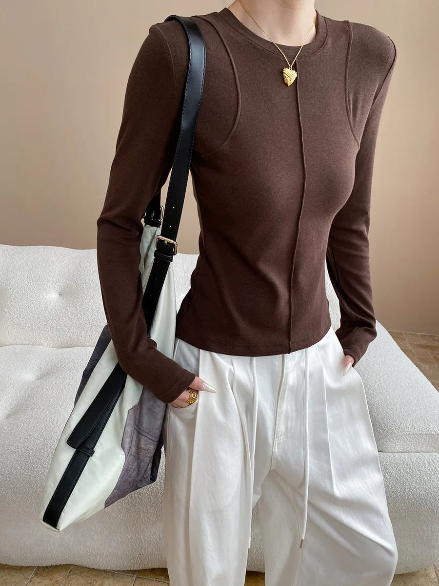 Women's casual stitching slim fit shoulder slimming base long sleeved T-shirt