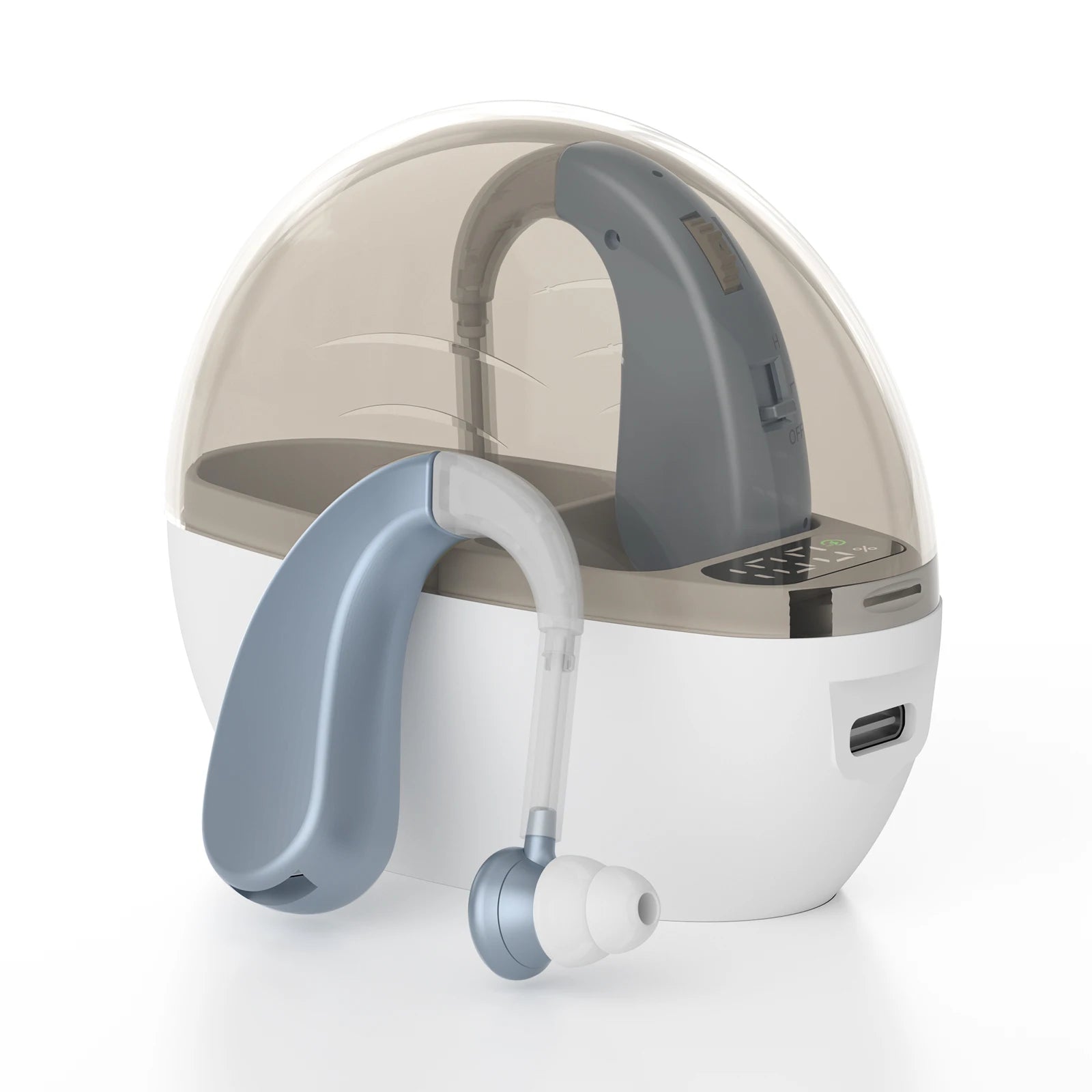 Auxiliary headphones, sound amplifier, noise reduction, adjustable volume, hanging ear with charging case