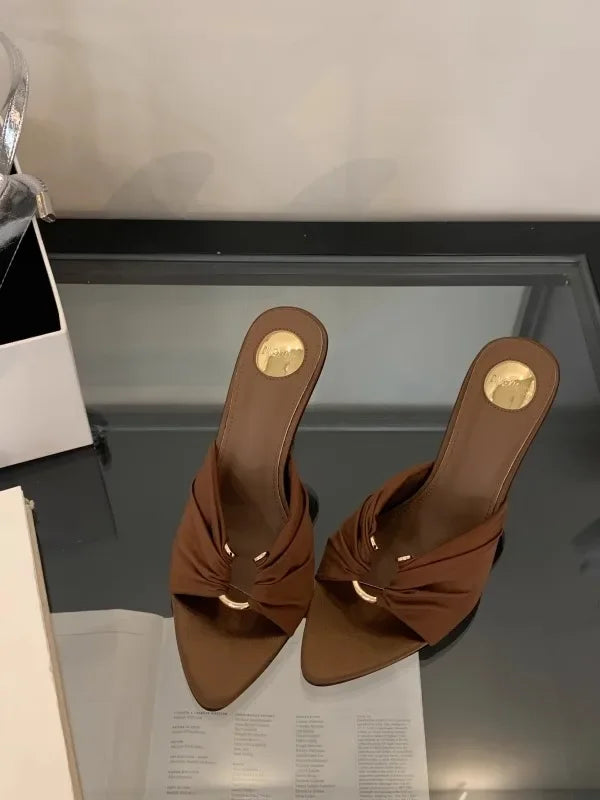 Women's High Heels Slippers Pointed Toe Metal Decoration Thin Heels Shoes Women Dress Fashion Korean Style Zapatillas De Mujer