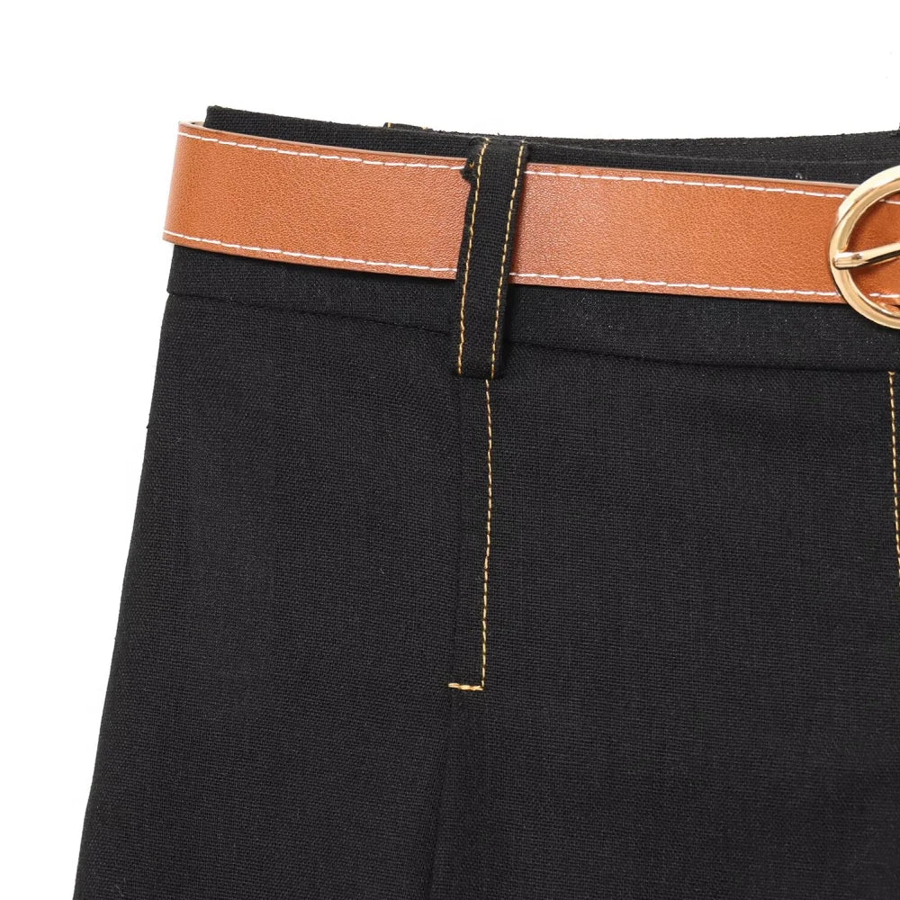 Women's Color Contrasting Stitch Collar Single breasted Straight Tank Top Long Fold Belt Bermuda Shorts Summer New Pants