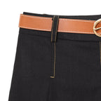 Women's Color Contrasting Stitch Collar Single breasted Straight Tank Top Long Fold Belt Bermuda Shorts Summer New Pants