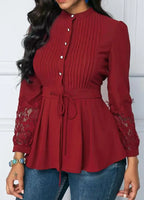 Women's Elegant Lace Blouses European & American Single-Breasted Open-Neck Stitching Fashion Chiffon Office Shirt Top for Women