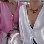 Casual Solid Lace Up Women Blouse Deep V-neck Long Sleeve Loose Female Shirt 2025 Spring Summer New Fashion Sweet Ladies Blouses