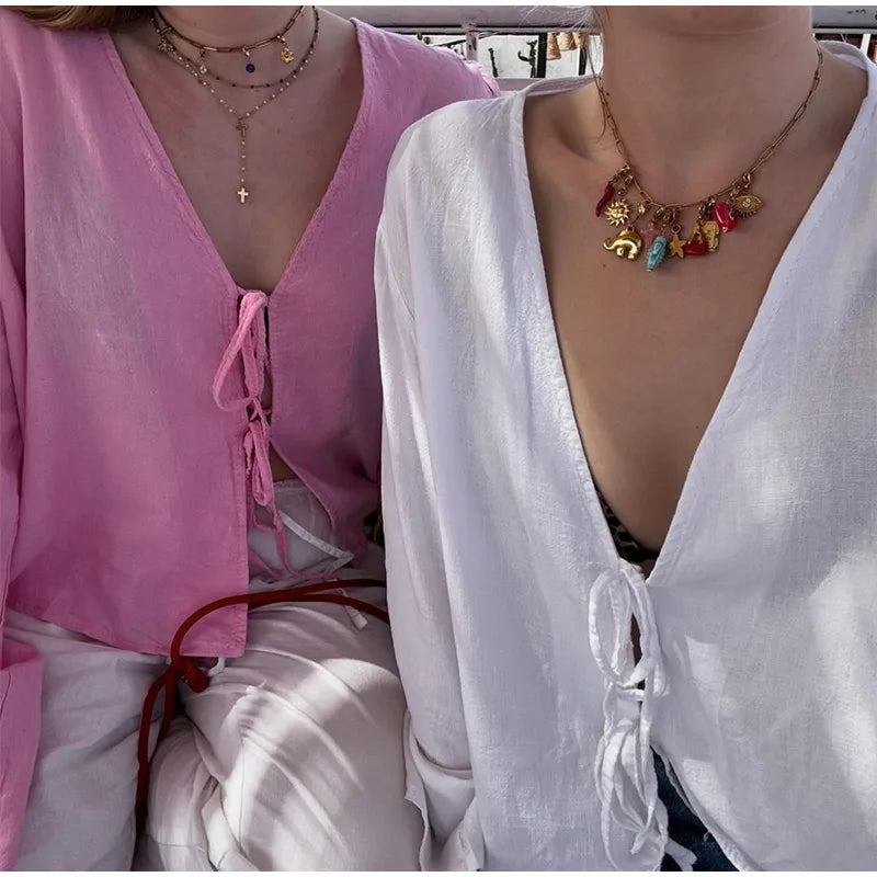 Casual Solid Lace Up Women Blouse Deep V-neck Long Sleeve Loose Female Shirt 2025 Spring Summer New Fashion Sweet Ladies Blouses