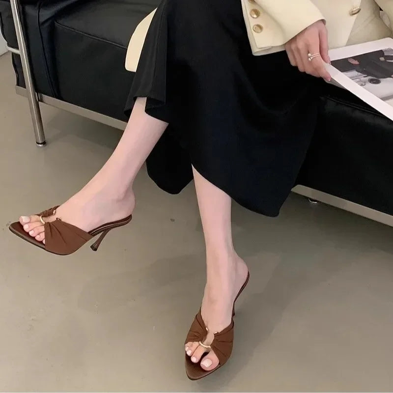 Elegant Woman Heeled Shoes 2025 New Open Toe Slippers Women Fashion Outdoor Metal Decoration Summer Plus Size Dress High Heels