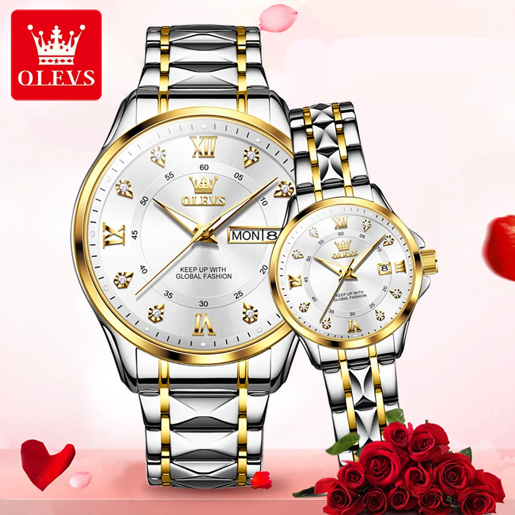 OLEVS 2906 Couple Watch Original Roman Scale Diamond Dial Luxury Quartz Watch For Men Women Rhombus Strap Waterproof Hand Clock