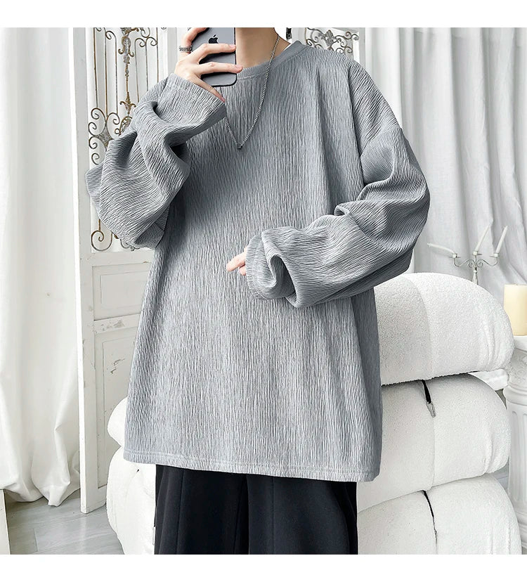 Men's High Street Long Sleeve T-Shirt - Trendy Casual Top Loose Fit Comfortable Wear, Modern Minimalist Style, Everyday Essentia