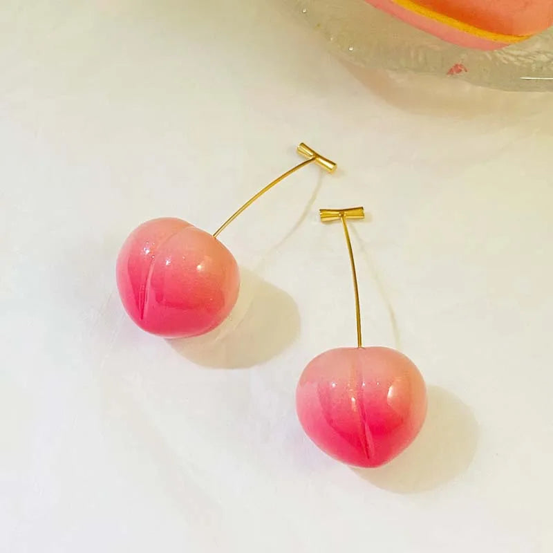 2025 New Fashion Pink Cherry Pendant Earrings For Women Kpop Sweet Lovely Acrylic Resin Fruit Long Drop Earrings Jewelry