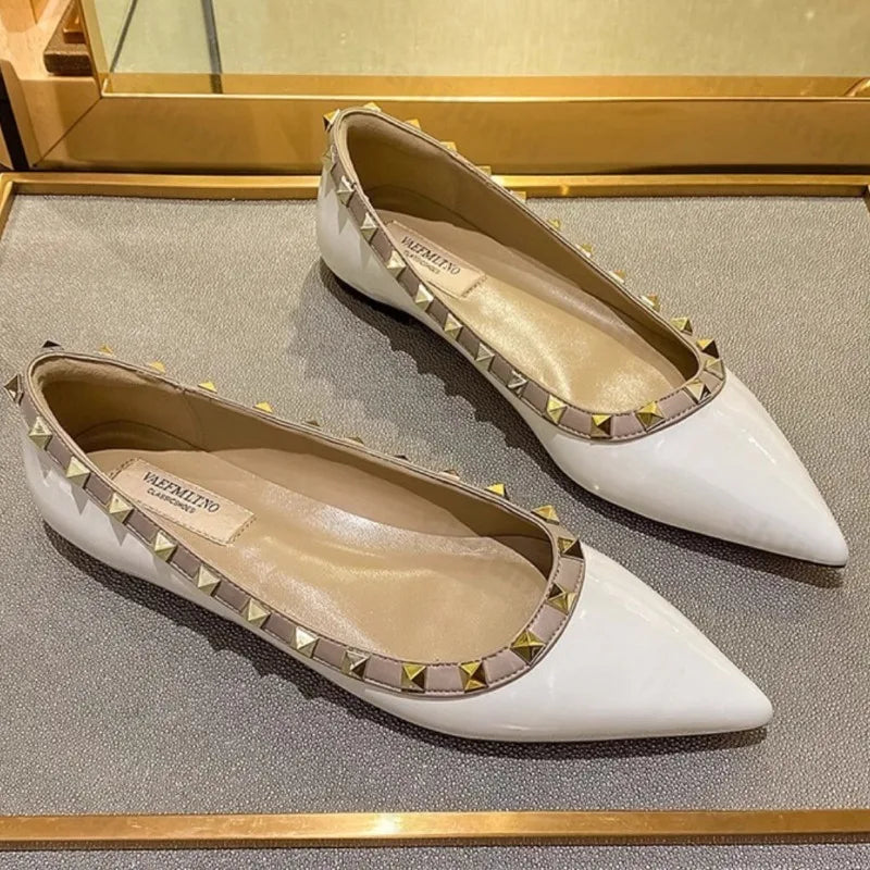 Woman Flats Pointed Toe 2025 Autumn Shallow Mouth Rivets Dress Fashion Flat Shoe Comfortable Patent Leather Outdoor Casual Shoes