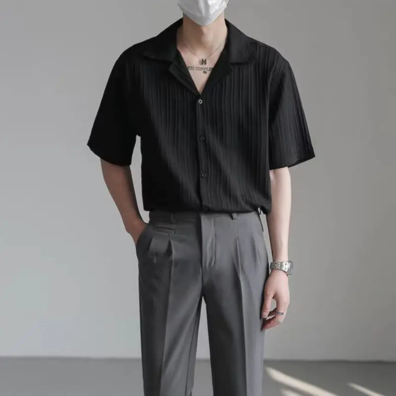 Men's Shirt Black Loose Short Sleeve Male Shirts Designer with Collar High Quality Luxury Sleeves Silk New in Vintage Slim Fit