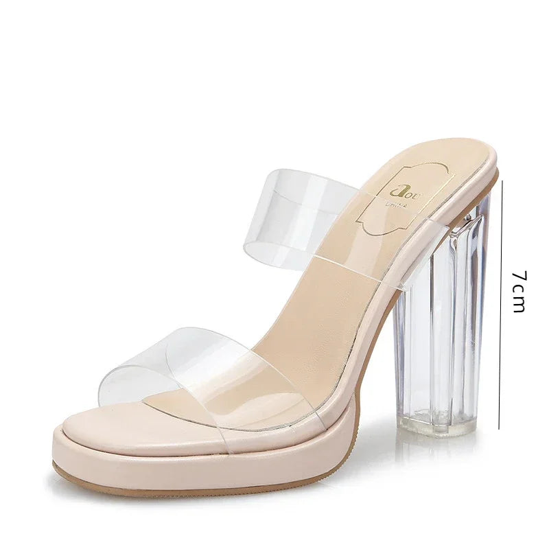 Women's High Heels 2025 Summer New Table  Line Not Tired Feet Thick Crystal Slippers Women's Shoes