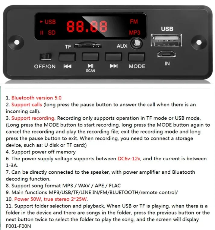 Handsfree 50W amplifier MP3 Decoder Board Color Screen DC 12V Bluetooth V5.0 Car MP3 Player USB Recording Module FM AUX Radio