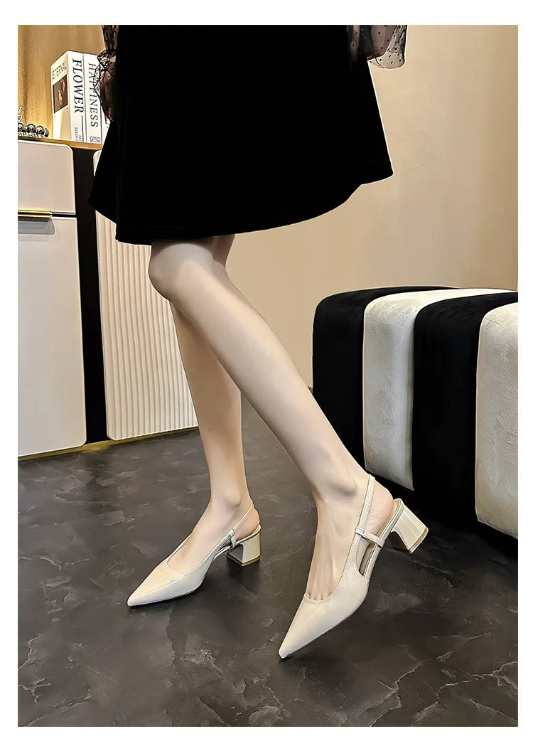 2025 New Medium Heel Woman 4cm Sandals Shallow Mouth Glossy Closed Toe Sandals One Word Buckle Temperament Summer Outdoor Shoes