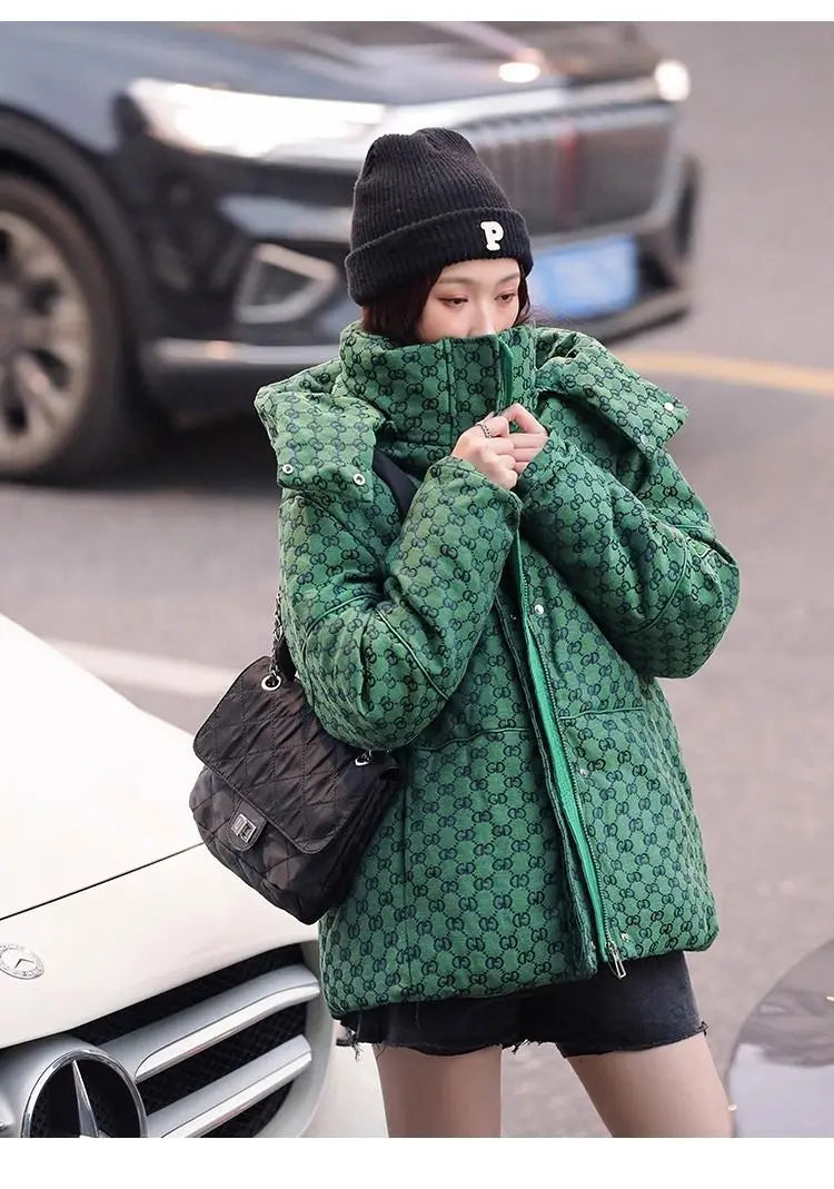 Winter Letter Print Hooded Jacket Women Clothing Trend Zipper Parkas Puffer Down Cotton Coats Design Vintage Windproof Outerwear