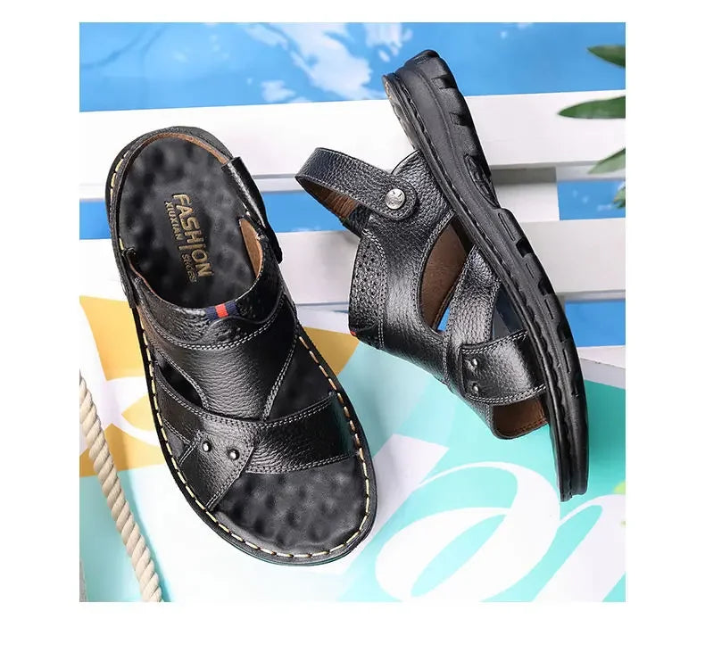 Men's Leather Summer Sandals 2025 Non-slip Thick-soled Comfort Soft Outdoor Beach Slippers