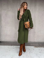 Autumn Winter Women Woolen Jacket Top Outwear Elegant Fashion Long Sleeve Lapel Collar Belt Trench Coat Overcoat Streetwear