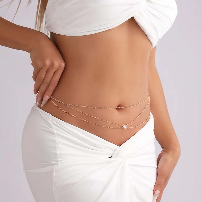 Fashion Metal Double Layered Cross Waist Chain for Women Simple Rhinestone Heart Thin Chain Body Chain Party Jewelry Accessories