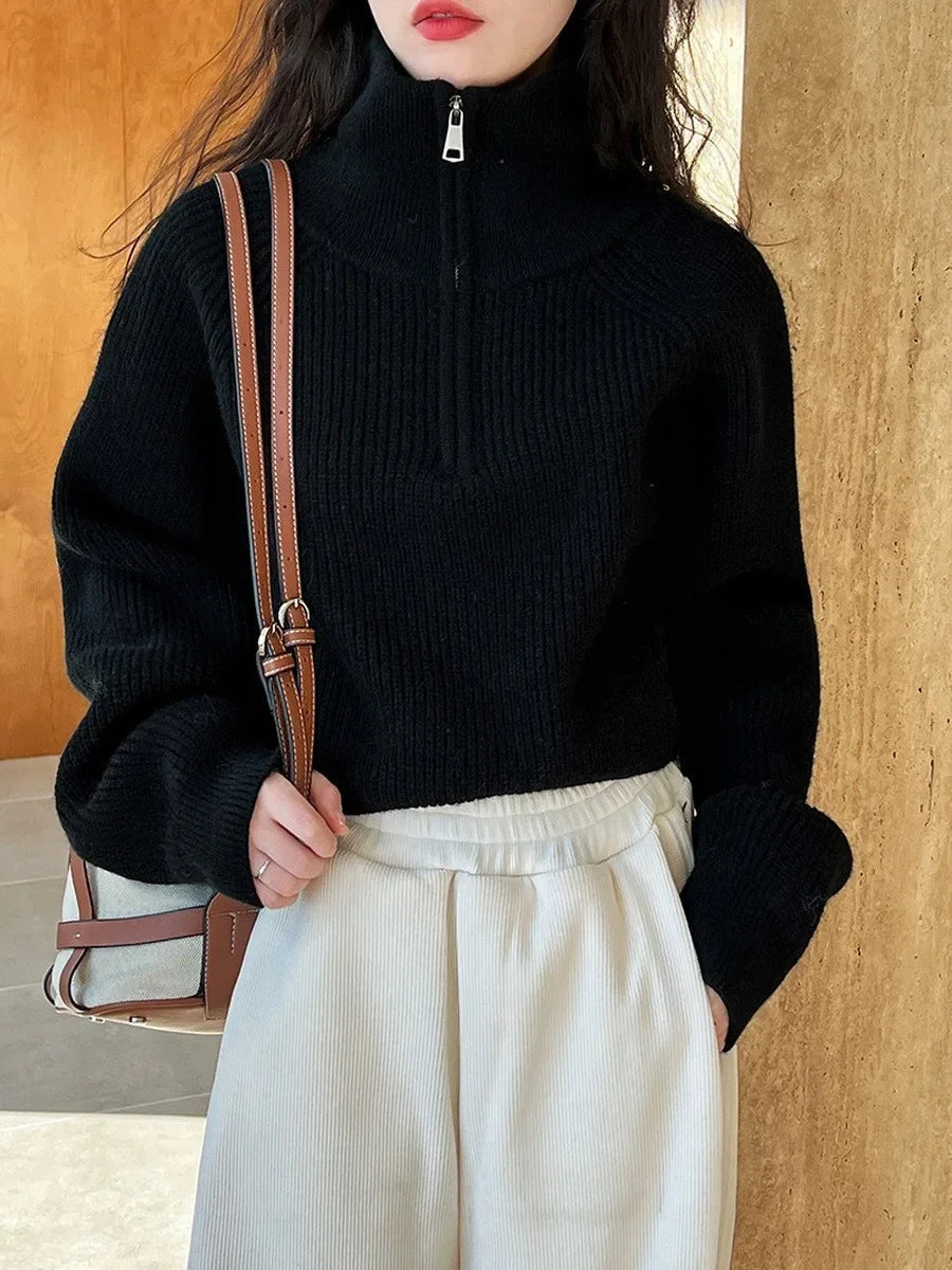 Autumn Winter  Zipper Sweaters Women Solid Color High Neck Knitted Pullover Solid Red Loose Turndown Collar Women's Turtleneck