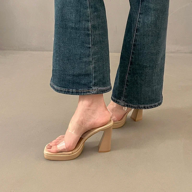 Women's Summer High Heels Sandals Sexy Fashion Open-toe Women Platform Mules Slippers Luxury Causal Elegant Ladies Clear Sandals