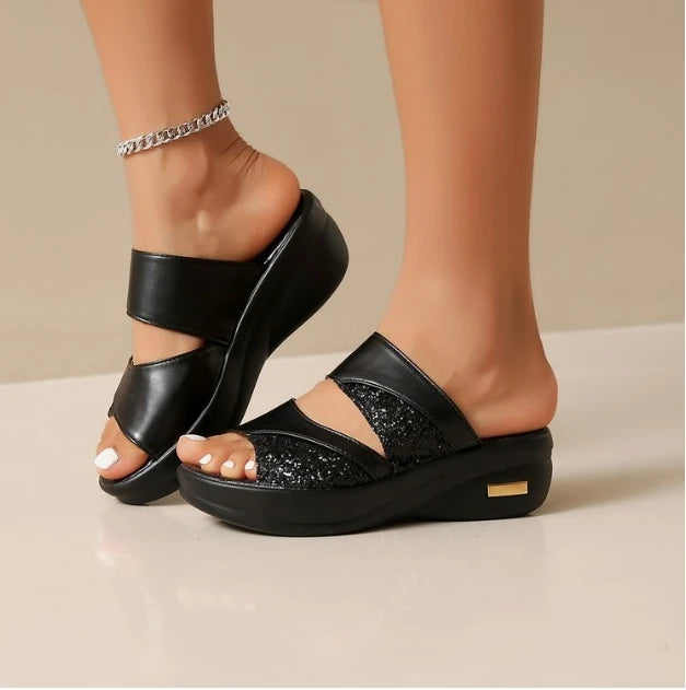 2024 New Women Summer Slippers Ladies Glitter PU Wedges Shoes Female Casual Slingbacks Sandals Comfortable Platform Woman
