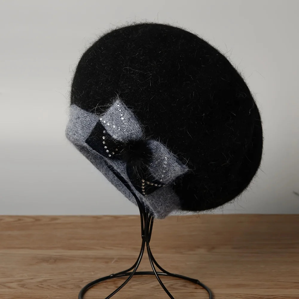 Autumn and winter hats, children's brimless rabbit fur hats, butterfly knot diamond knitted hats, pullover hats, double-layer th