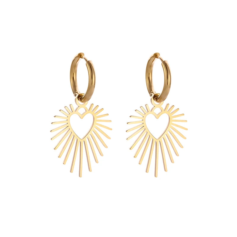 Geometric Heart Shaped Sun Pendant Earrings Stainless Steel Women's Earrings Fashion Charm Hip Hop Trendy Wedding Jewelry