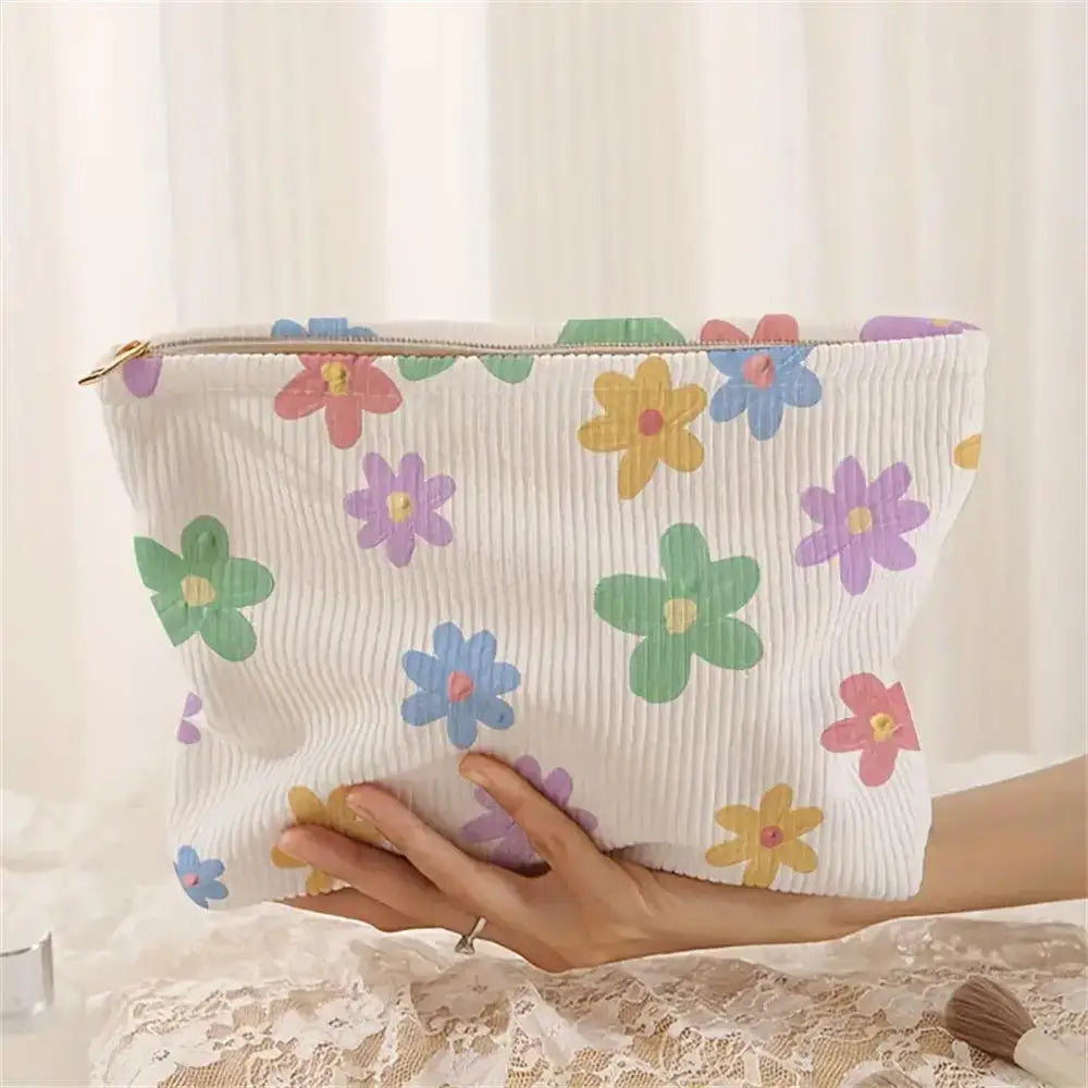 Cosmetic Bag Women Floral Makeup Case Organizer Korean Embroidery Cosmetic Pouch Travel Toiletry Bag Corduroy Canvas Beauty Case