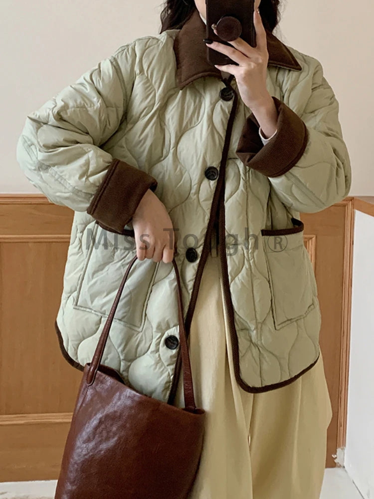 Winter New Fashion Corduroy Light Down Jacket Women Warm Casual Korean Vintage Outdoor Overcoat Loose Retro Cotton-padded Coat