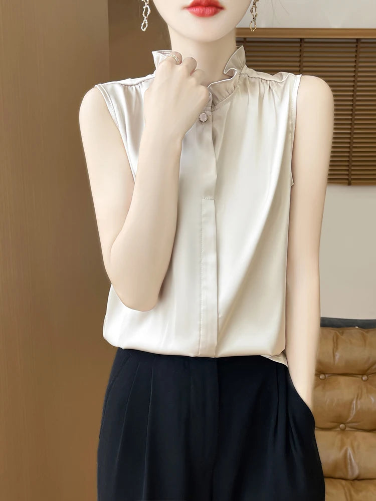 Women's T-shirt Ruffled Stand Collar Sleeveless Tops Loose Spring Summer Solid Tops Innerwear Casual Silk Ladies Tees Undershirt