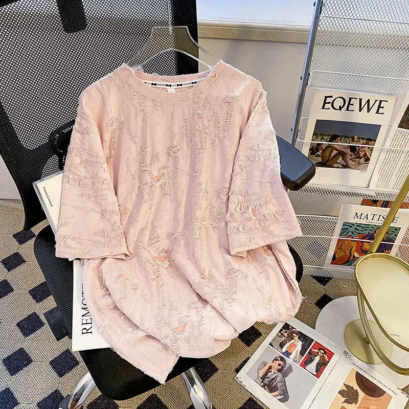 Embroidered Holes Short Sleeve T-Shirt Women Summer New Top