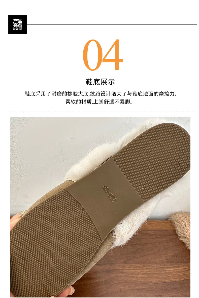 Fur Flats Women Cotton Slippers Fashion Warm Shoes Winter Short Plush Designer Cozy Woman Boots 2025 New Dress Mujer De Boots