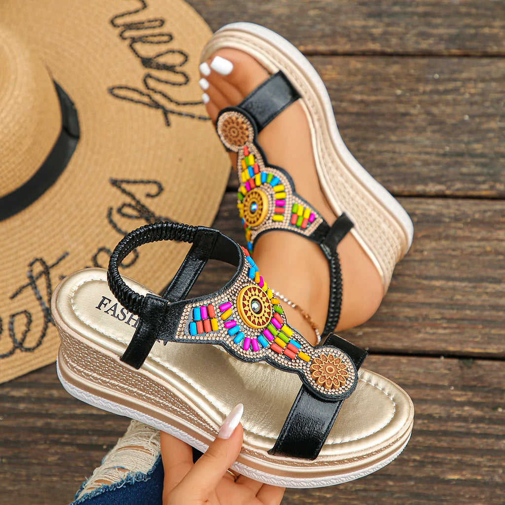 Women Sandals Bohemian Style Wedge Sandals Summer Thick Sole Non Slip Beach Shoes Woman Colorful Bead Chunky Platform Sandals