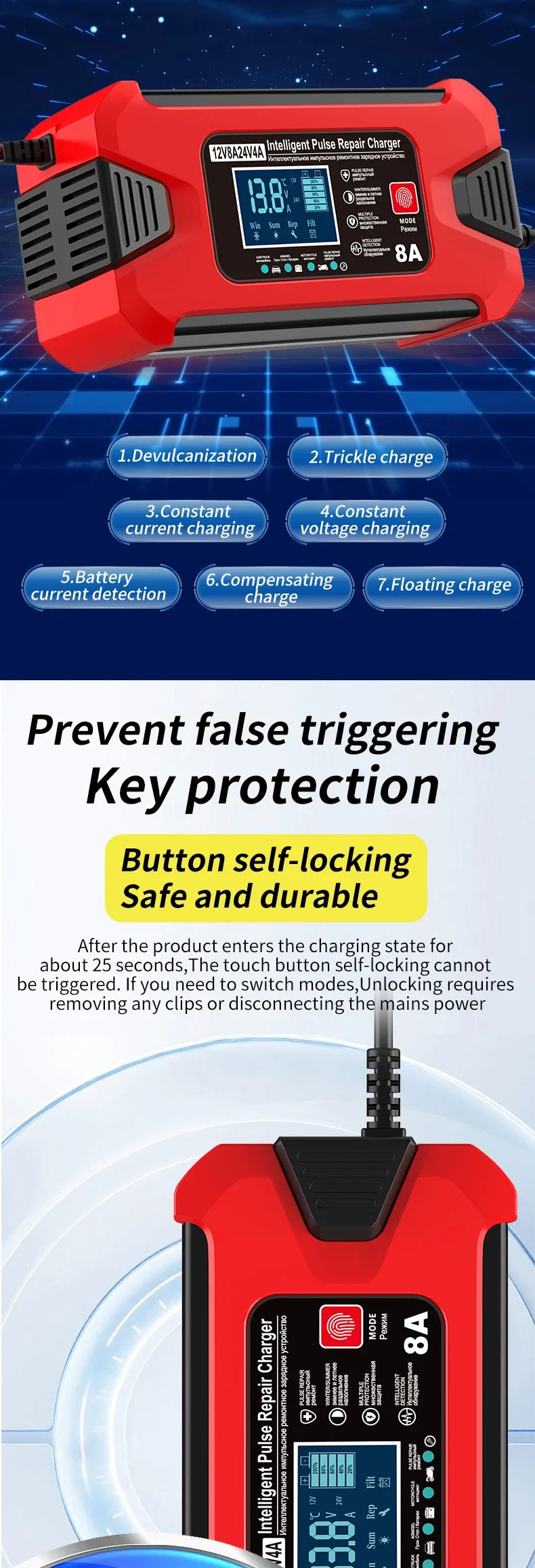 Battery Charger 12V 8A  24V 4A Smart Fast Charging for Car Batteries 8-Stage Charge Pulse Repair for AGM GEL WET Lead Acid