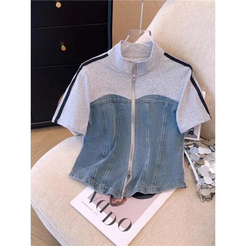 Pant Set Women Two Piece Sets Denim Splice Zipper Matching Sets Casual Coats Wide Leg Long Pants Lace Up Elastic Waist 2025