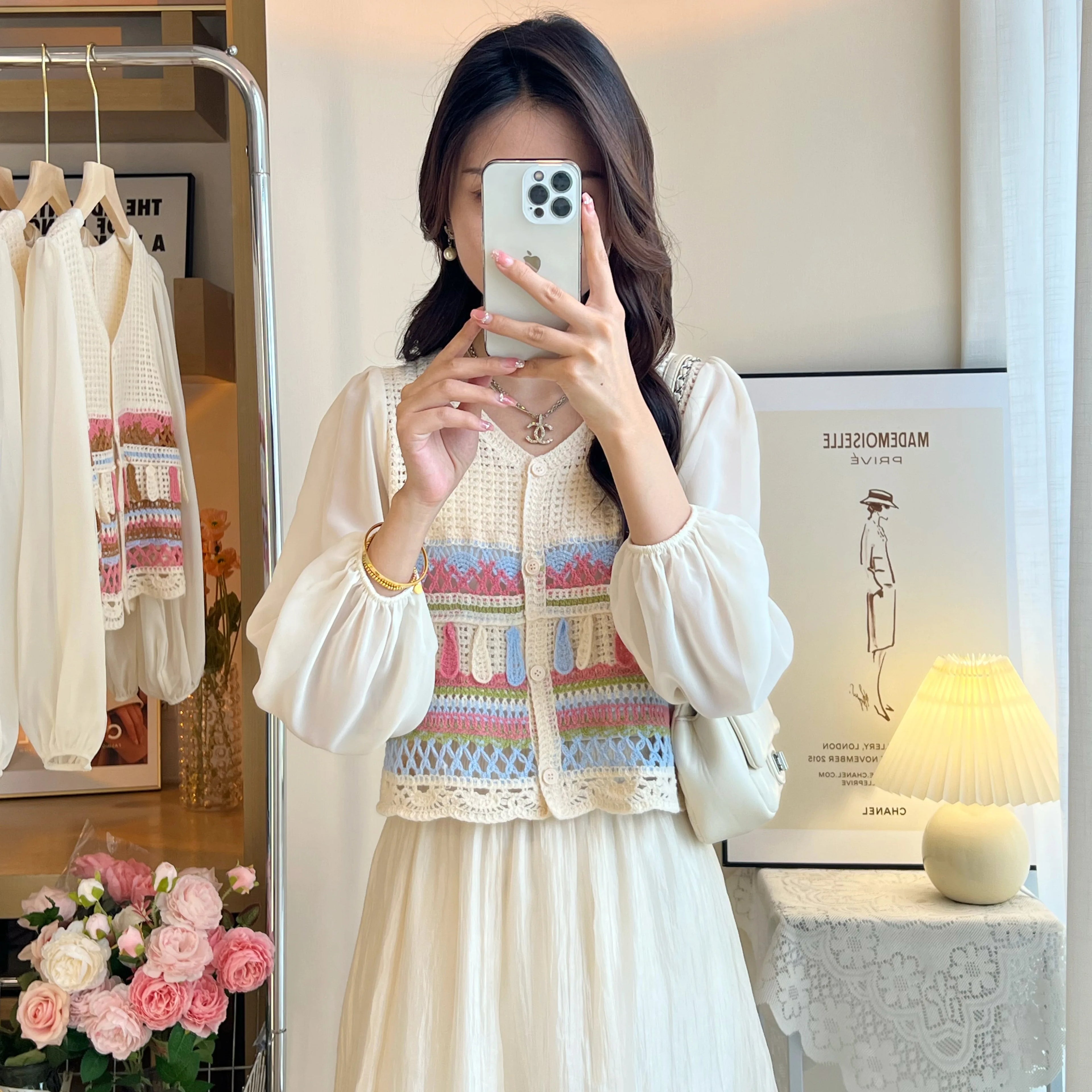 Women Tops Embroidery Crochet Top with Chiffon Sleeve Button Front Airy Shirts Sheer Open-knit Blouses Summer Vacation Outfit