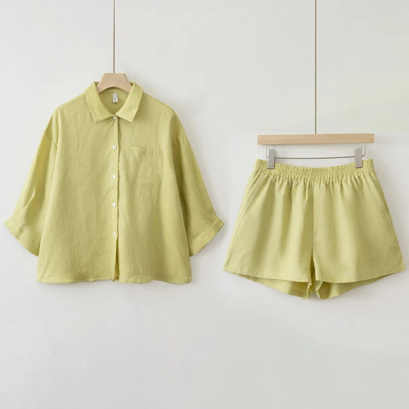 Women 2025 Summer Casual Linen Blouse Shorts Sets
