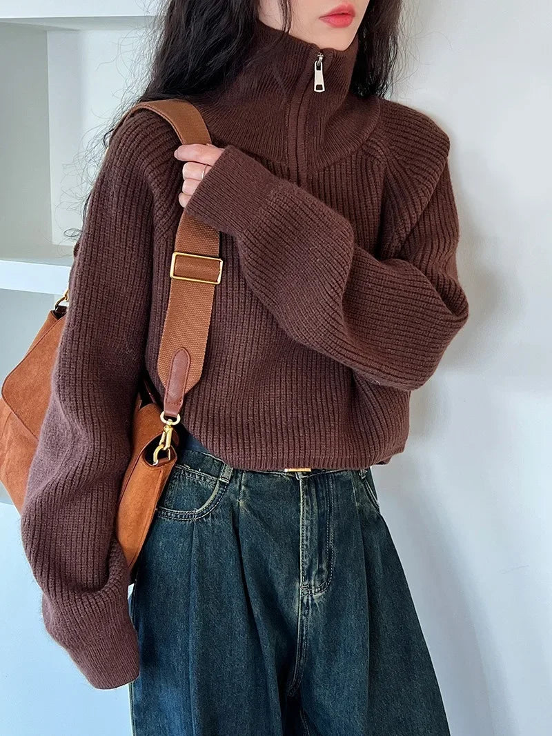 Autumn Winter  Zipper Sweaters Women Solid Color High Neck Knitted Pullover Solid Red Loose Turndown Collar Women's Turtleneck