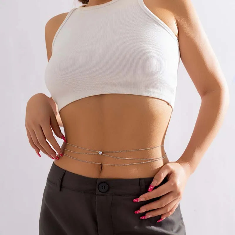 Fashion Metal Double Layered Cross Waist Chain for Women Simple Rhinestone Heart Thin Chain Body Chain Party Jewelry Accessories