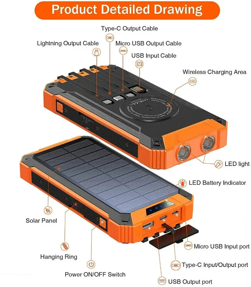 Waterproof Outdoor Solar Battery Power Bank Big Capacity 20000Mah 30000mah Emergency Wireless Power Banks with 4 Lines Universal