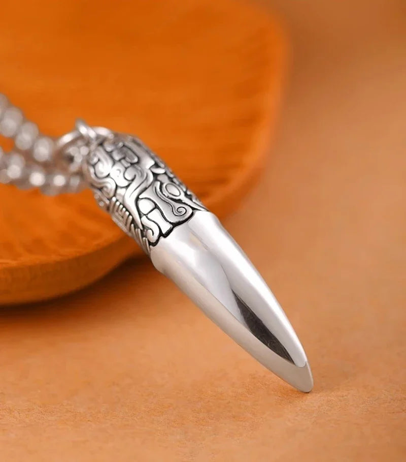 Creative 925 Silver Ethnic Style glossy Necklace Keel chains Banquet faceted wolf tooth Pendant for Men's Retro Jewelry