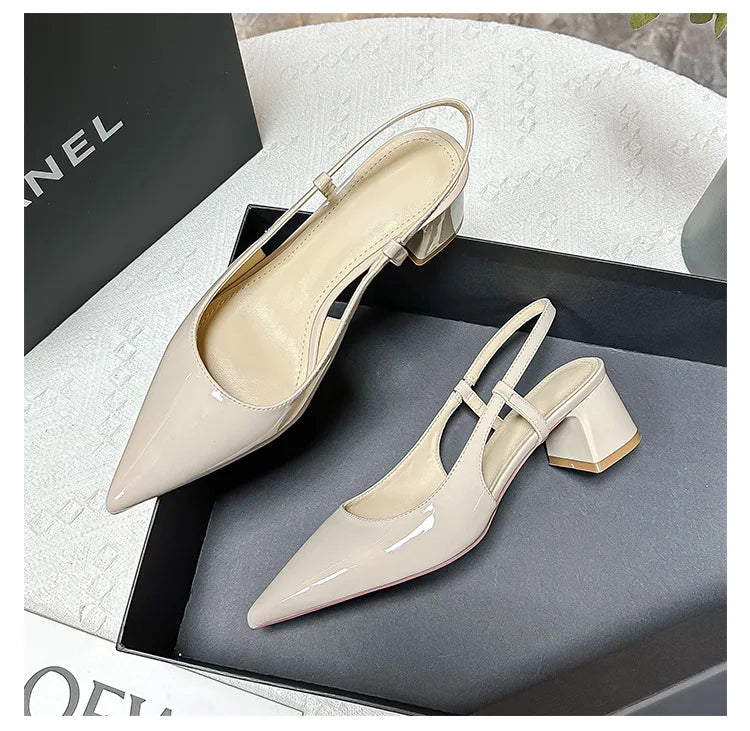 2025 New Medium Heel Woman 4cm Sandals Shallow Mouth Glossy Closed Toe Sandals One Word Buckle Temperament Summer Outdoor Shoes