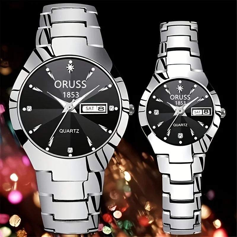 1/2pcs Couples Dial Cutting Quartz Watch Business Fashion Analog Calendar Wrist Watch Valentines Gift For Men Women Date Watch