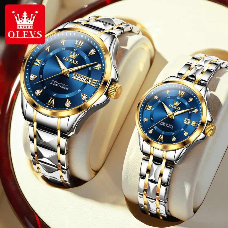 OLEVS 2906 Couple Watch Luxury Stainless Steel Waterproof Clock Fashion Roman Scale Diamond Calendar Dial Men Women Quartz Watch