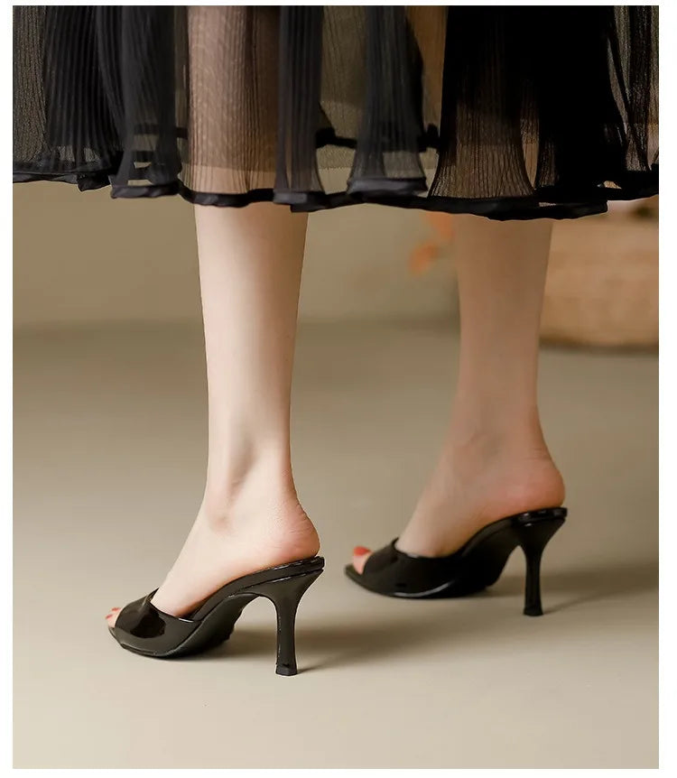 Women's Slippers 2025 New Summer Slim Heel Pointed Toe Worn with A Straight Drag Patent Leather High-heeled Slippers for Womens