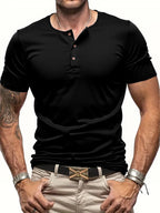 Men's Short Sleeve Henley Neck T-shirt Solid Color Male Tops Slim Fit Button Neck Casual Cozy Tshirt  Streetwear