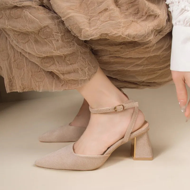 2025 Sandals for Woman Pointed Toe Chunky Footwear Closed Thick Heel Summer Block High Heels Heeled Pumps Women's Shoes Korea